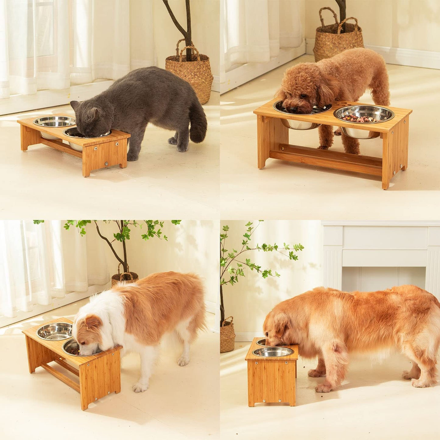 Raised Pet Bowls for Small and Medium Dogs, Bamboo Elevated Dog Cat Food and Water Bowls Stand Feeder with 2 Stainless Steel Bowls and anti Slip Feet (New 7'' Tall)