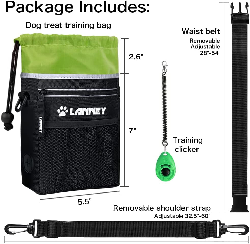 Dog Treat Pouch Pet Training Bag for Small to Large Dogs, Treat Tote Carry Kibble Snacks Toys for Training Reward Walking, Metal Clip, Waist Belt, Shoulder Strap, Poop Bag Dispenser, Black with Green