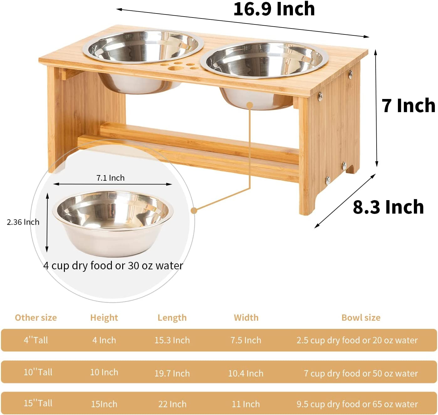 Raised Pet Bowls for Small and Medium Dogs, Bamboo Elevated Dog Cat Food and Water Bowls Stand Feeder with 2 Stainless Steel Bowls and anti Slip Feet (New 7'' Tall)