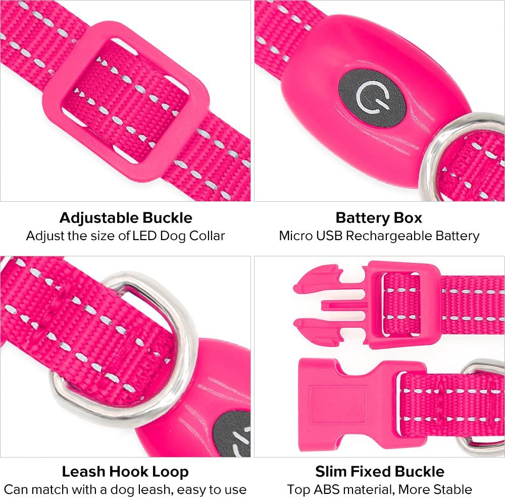 LED Dog Collar Light - USB Rechargeable Glow in the Dark Puppy Collar, Light up Dog Collars for Small Dogs, Safety Dog Lights for Night Walking (Pink, XS)