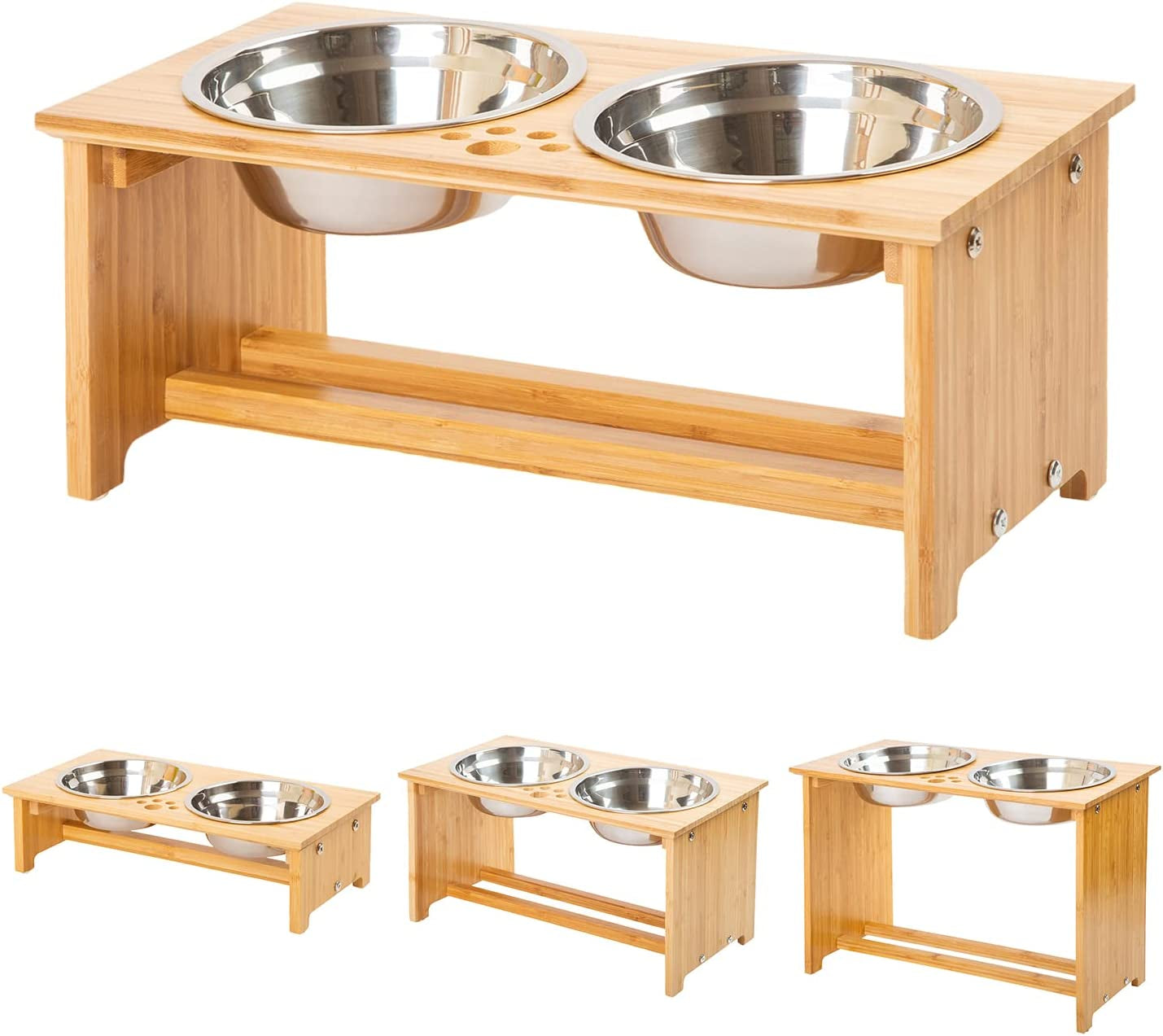 Raised Pet Bowls for Small and Medium Dogs, Bamboo Elevated Dog Cat Food and Water Bowls Stand Feeder with 2 Stainless Steel Bowls and anti Slip Feet (New 7'' Tall)