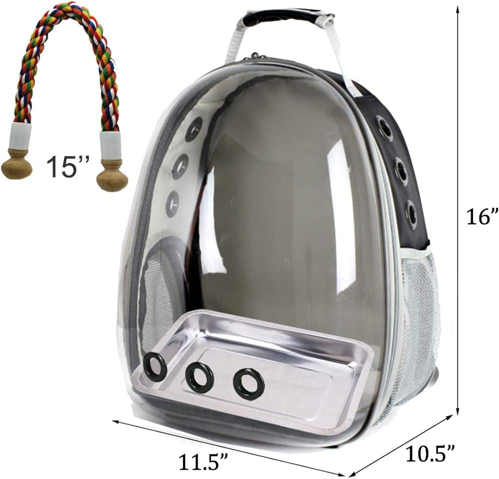 Bird Travel Backpack Carrier, Cage for Small to Medium Size Bird Parakeet Budgies Cockatiel, Space Capsule Clear Bubble Window with Stainless Steel Tray and Standing Perch (Large, Black)