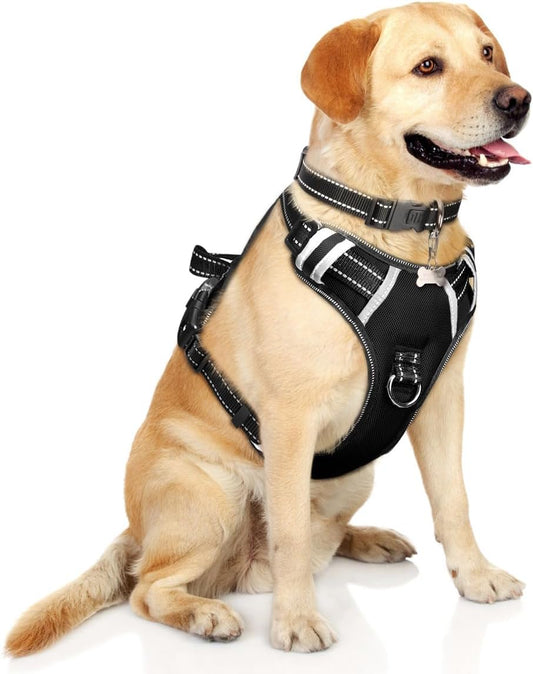 Dog Harness No Pull, Pet Harnesses with Dog Collar, Adjustable Reflective Oxford Outdoor Vest, Front/Back Leash Clips for Small, Medium, Large, Extra Large Dogs, Easy Control Handle for Walking