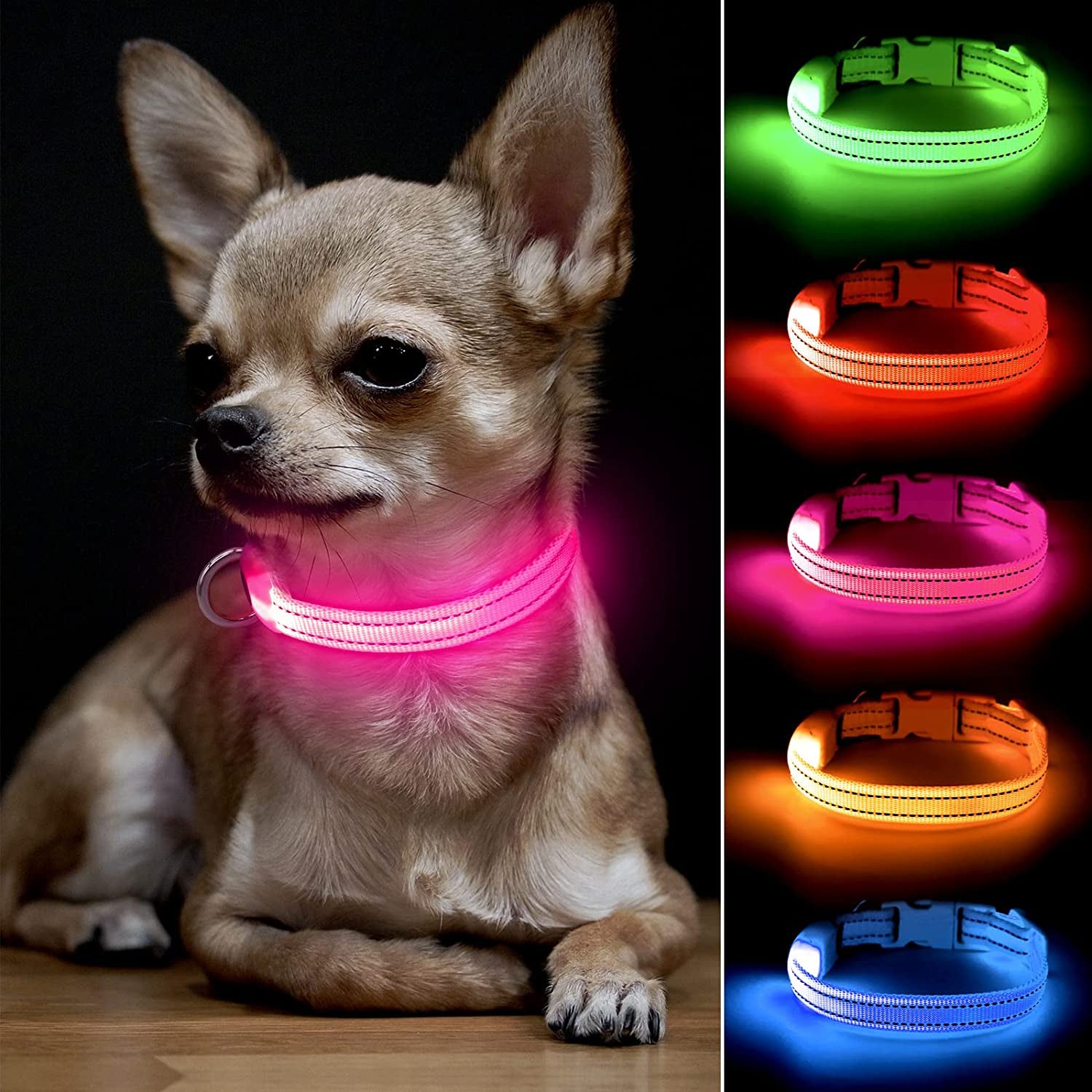 LED Dog Collar Light - USB Rechargeable Glow in the Dark Puppy Collar, Light up Dog Collars for Small Dogs, Safety Dog Lights for Night Walking (Pink, XS)