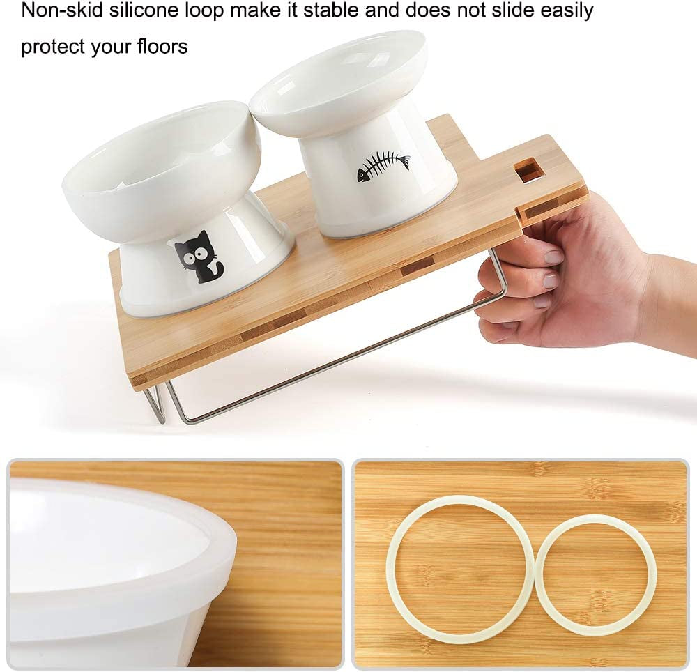 Raised Cat Food and Water Bowl Set, Whisker Friendly Elevated Ceramic Cats Feeder Bowls with anti Slip Ring, Anti-Vomiting Shallow High Porcelain Pet Kitten Dish, Dishwasher Safe(White)