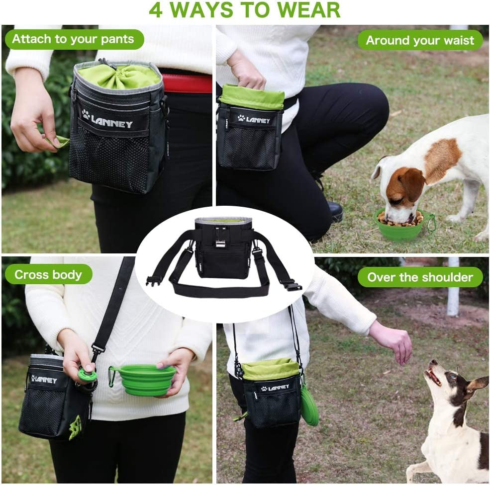 Dog Treat Pouch Pet Training Bag for Small to Large Dogs, Treat Tote Carry Kibble Snacks Toys for Training Reward Walking, Metal Clip, Waist Belt, Shoulder Strap, Poop Bag Dispenser, Black with Green
