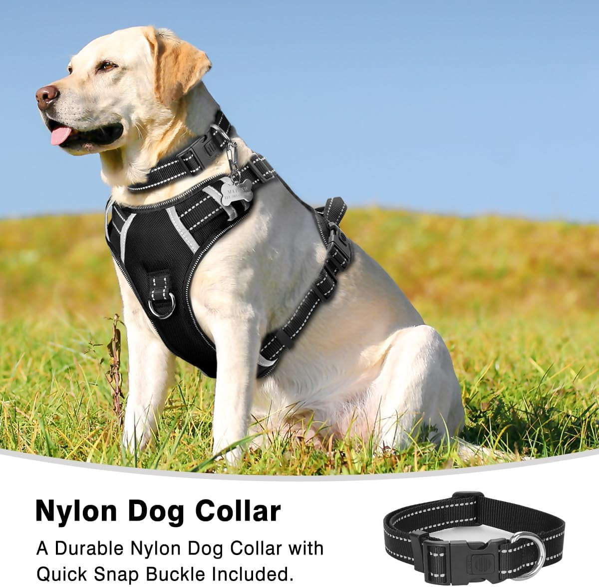 Dog Harness No Pull, Pet Harnesses with Dog Collar, Adjustable Reflective Oxford Outdoor Vest, Front/Back Leash Clips for Small, Medium, Large, Extra Large Dogs, Easy Control Handle for Walking