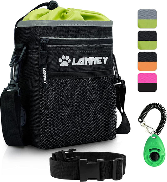 Dog Treat Pouch Pet Training Bag for Small to Large Dogs, Treat Tote Carry Kibble Snacks Toys for Training Reward Walking, Metal Clip, Waist Belt, Shoulder Strap, Poop Bag Dispenser, Black with Green