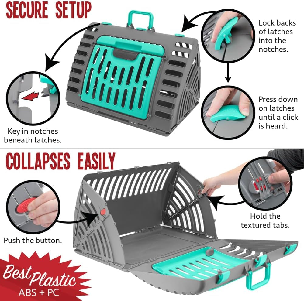 Designs Foldable Travel Cat Carrier - Front Door Plastic Collapsible Carrier Collection, Waterproof Bed