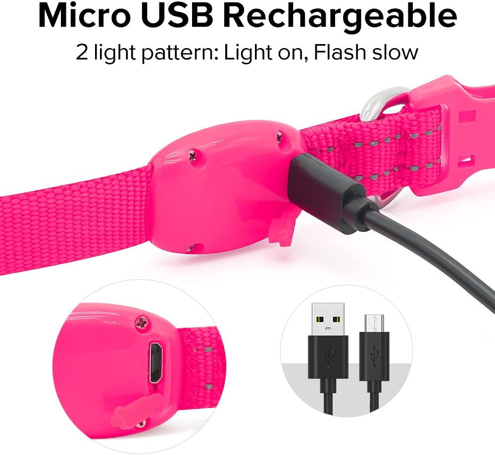 LED Dog Collar Light - USB Rechargeable Glow in the Dark Puppy Collar, Light up Dog Collars for Small Dogs, Safety Dog Lights for Night Walking (Pink, XS)