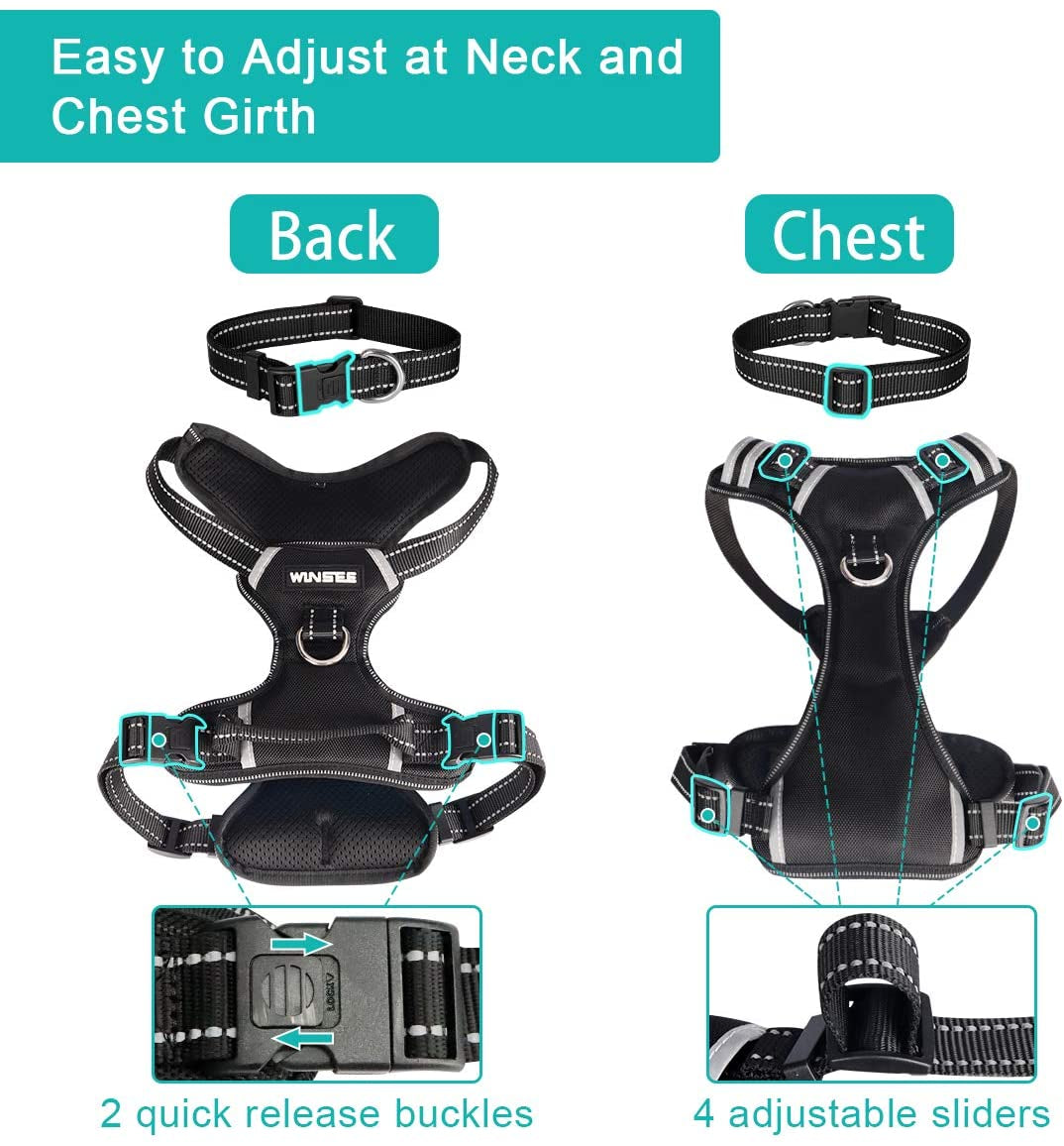 Dog Harness No Pull, Pet Harnesses with Dog Collar, Adjustable Reflective Oxford Outdoor Vest, Front/Back Leash Clips for Small, Medium, Large, Extra Large Dogs, Easy Control Handle for Walking