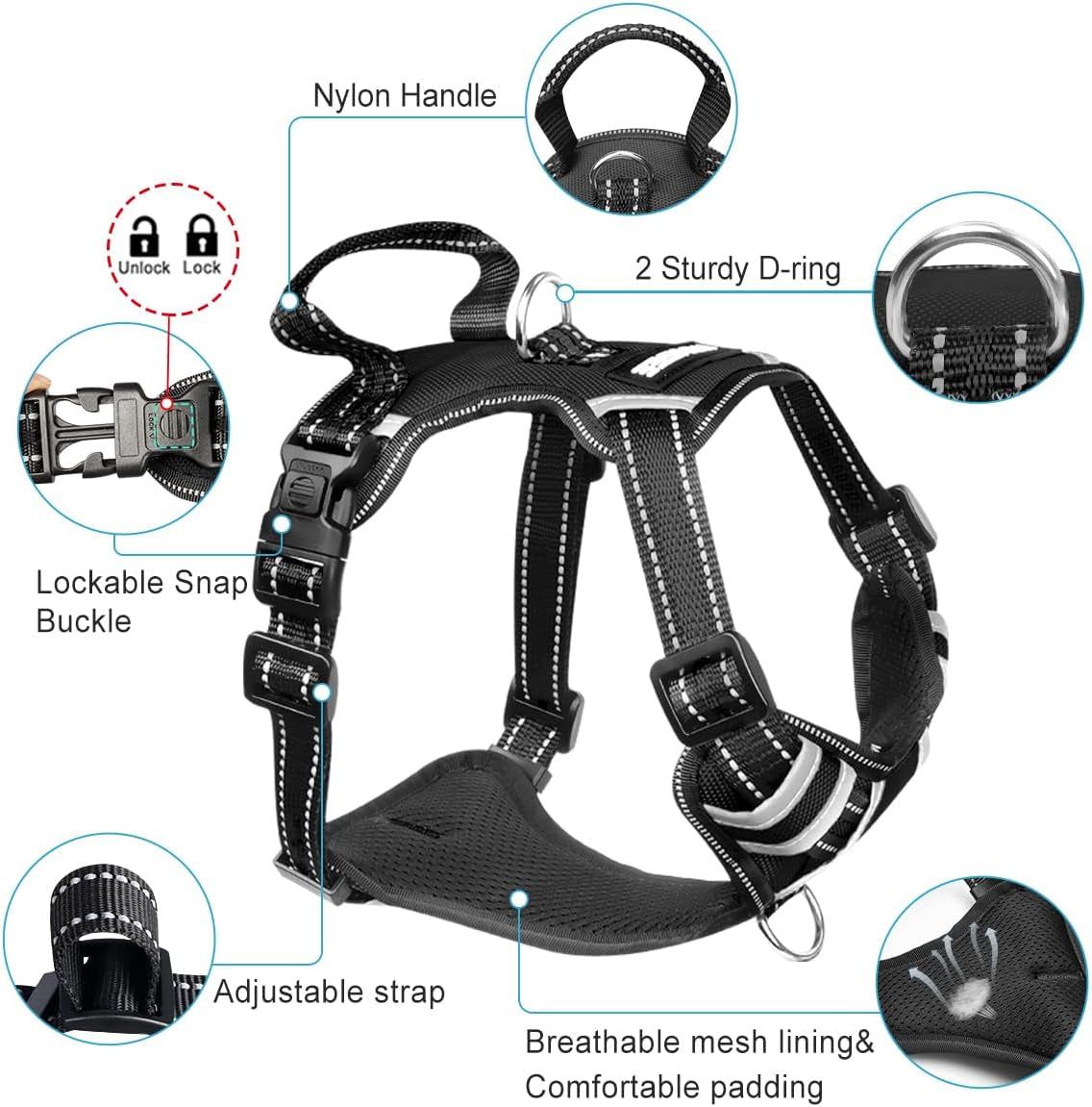 Dog Harness No Pull, Pet Harnesses with Dog Collar, Adjustable Reflective Oxford Outdoor Vest, Front/Back Leash Clips for Small, Medium, Large, Extra Large Dogs, Easy Control Handle for Walking